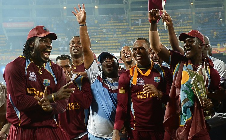 West Indies team celebrate win in the T20 Finals 