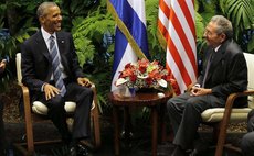 HAVANA, March 21, 2016 (Xinhua) -- Image provided by Cubadebate shows Cuba's President Raul Castro (R), meeting with U.S. President Barack Obama, at the Palace of the Revolution, in Havana, Cuba, Marc