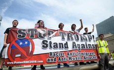 CLEVELAND, July 18, 2016 (Xinhua) -- People protest against Donald Trump on the first day of the Republican National Convention in Cleveland, Ohio, the United States, July 18, 2016. (Xinhua/Yin Bogu)