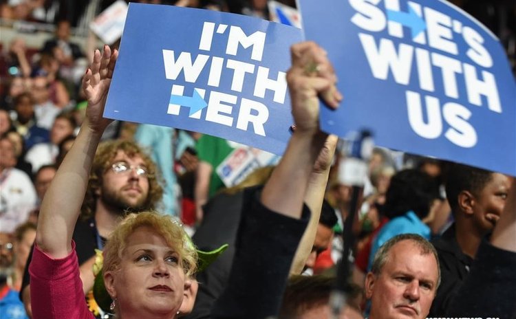 Supporters of Hillary Clinton cheer at the U.S. Democratic National Convention at Wells Fargo Center, Philadelphia, the United States on July 26, 2016. 