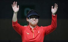  Zhang Mengxue of China celebrates after the Women's 10m Air Pistol final of the 2016 Rio Olympic Games at the Olympic Shooting Centre in Rio de Janeiro, Brazil, on Aug. 7, 2016. 