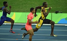 Jamaica's Usain Bolt (1st, R) sprints during the men's 4x100m relay final of Athletics at the 2016 Rio Olympic Games in Rio de Janeiro, Brazil, on Aug. 19, 2016