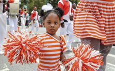 People wearing gorgeous costumes participate in the parade of Caribbean Carnival 2016 in New York, the United States on Sept. 5, 2016