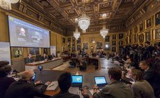 Photo taken on Oct. 10, 2016 shows the scene of the press conference held by the Royal Swedish Academy of Sciences to announce the winners of the 2016 Nobel Prize in Economics in Stockholm, Sweden