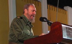 File photo taken on July 26, 2003 shows Fidel Castro giving speech during a rally at the site of Moncada barracks in Santiago, Cuba