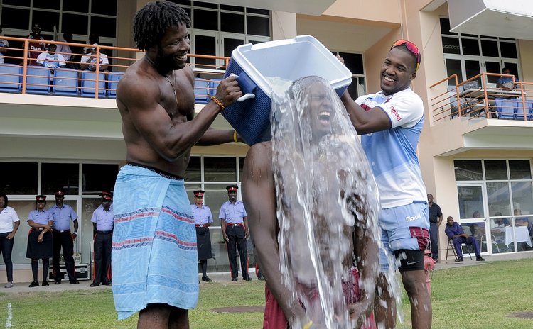 Jason Holder ALS Ice Bucket Challenge at the end of the 1st Dhaka Bank ODI West Indies v Bangladesh at Grenada National Stadium, St. George's, Grenada on Wednesday, August 20. WICB Media 