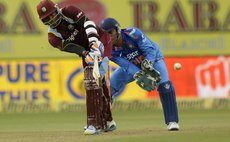 Marlon Samuels plays a stroke during his innings