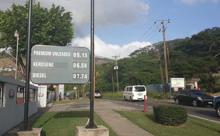 Board showing latest prices of some petroleum prices at Canefield Dominica