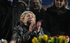  KIEV, Feb. 22, 2014 (Xinhua) -- Former Ukrainian Prime Minister Yulia Tymoshenko addresses her supporters following her release from prison at the Independence Plaza in Kiev, Ukraine, Feb. 22, 2014. 