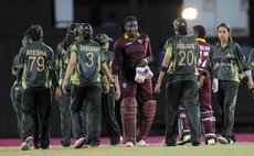 Taylor, the West Indies women cricket team captain shakes with the Pakistan team after the match