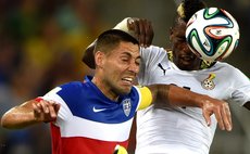 NATAL, June 16, 2014 (Xinhua) -- Ghana's John Boye vies with Clint Dempsey of U.S. during match between Ghana and U.S. of 2014 FIFA World Cup, Brazil, June 16, 2014. 