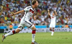 FORTALEZA, June 21, 2014 (Xinhua) -- Benedikt Howedes of Germany celebrates Miroslav Klose's goal during a Group G match between Germany and Ghana of 2014 FIFA World Cup 