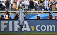 BELO HORIZONTE, June 21, 2014 (Xinhua) -- Lionel Messi of Argentina celebrates scoring during a Group F match between Argentina and Iran of 2014 FIFA World Cup 
