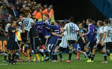 SAO PAULO, July 9, 2014 (Xinhua) -- Argentina's players celebrate the victory after a semifinal match between Netherlands and Argentina of 2014 FIFA World Cup 