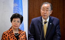 NEW YORK, Sept. 5, 2014 (Xinhua) -- UN Secretary-General Ban Ki-moon (R) speaks; Director-General of WHO, Dr. Margaret Chan looks on, UN headquarters,  New York, Sept. 5, 2014. 