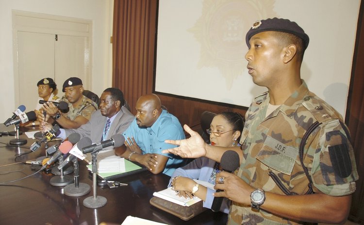 KINGSTON, Sept. 6, 2014 (Xinhua) -- Members of the Jamaica Defence Force (JDP) at a press conference on the search and rescue work of a crashed plane, Kingston, Jamaica, on Sept. 5, 2014