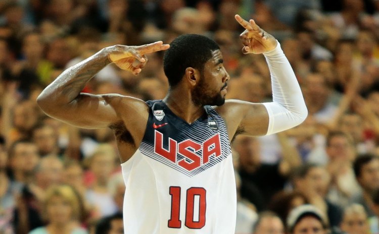 BARCELONA, Sept. 12, 2014 (Xinhua) -- Kyrie Irving of the United States celebrates during the semifinal match with Lithuania at the 2014 FIBA Basketball World Cup Spain in Barcelona 