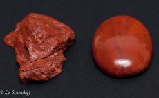 This photo shows rough and shaped & polished versions of red jasper taken from Mr. Shillingford's place in February 2016 (Photo courtesy of Lu Szumskyj)