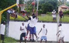 Action in a "4-on-4 Hoop Jam" game, Grand Bay