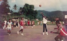 RAIDERS' Ira "Bloaters" Frazer shooting a Free-Throw in "friendly" vs BLAZERS, Portsmouth, 1990s