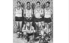 Original (1968) 6-member Caroni Cardinals, with their 4 awards. Standing (L-R): Herbert Thomas, Cuthbert Jno. Baptiste, Phillip Winston, Wilmoth LeBlanc. Stooping: B. Thomas (L), Clem Jno. Baptiste