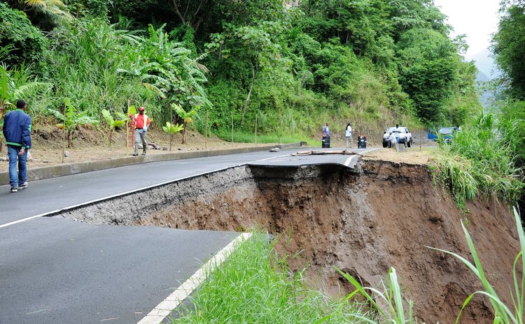 Damaged road in the Roseau Valley