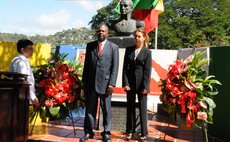 Counselor Edixo Chourio and First Secretary Yaritza Barbosa after laying their wreath at the Bolivar Squarein Goodwill