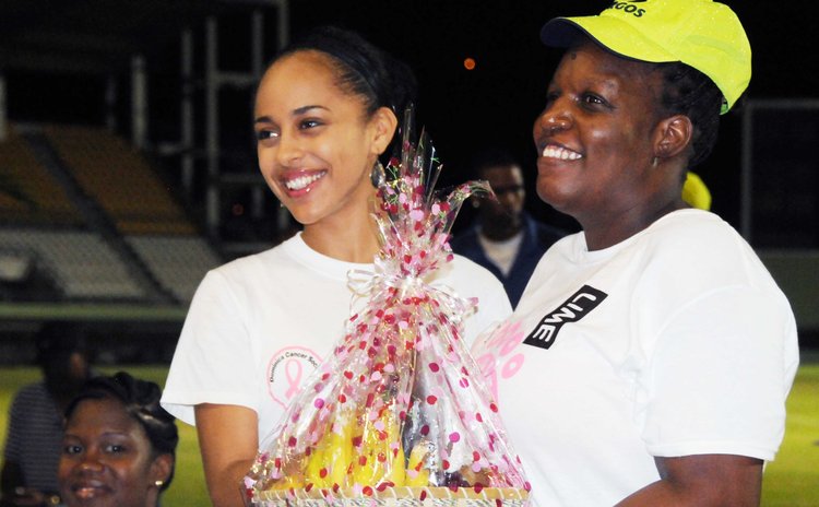 Miss Dominica Leslassa Armour-Shillingford receives gift from Kathleen Cornelius, the president of the Dominica Cancer Society