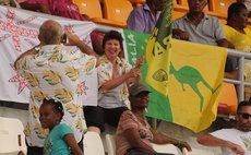 "Say cheese!"- two Australian fans at the Windsor Park stands