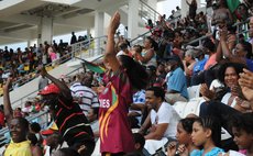 Go Windies go! Fans celebrate the loss of a New Zealand wicket 