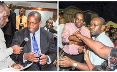 Left, Linton become UWP leader (here being interviewed by Matt Petier at Jobs Forum; right, Skerrit , security and fans at celebratory meeting in Lagoon, Roseau 