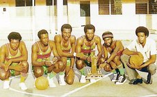 ELECTRONS pose with 1974 Knockout Championship trophy (L-R): Cuthbert Robinson, Hubert Charles, George Daniel, Errol Blackman, Al Monelle, Eddie Royer