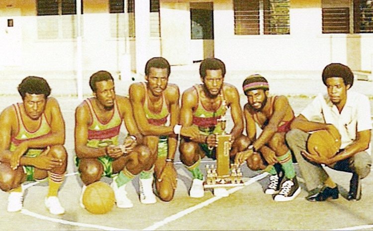 ELECTRONS pose with 1974 Knockout Championship trophy (L-R): Cuthbert Robinson, Hubert Charles, George Daniel, Errol Blackman, Al Monelle, Eddie Royer