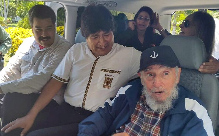 Castro, right, Bolivian President Evo Morales, centre, and Venezuelan President Nicolas Maduro at Castro's birthday celebration