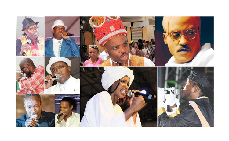 Calypso Final Ten: Large photos: (left to right): King Karessah, De Bobb; Dice; Tasha P: Small photos, top left Haxey; Jaydee; Centre- Sye; Scrunter: Bottom left- Chris B; Stephan