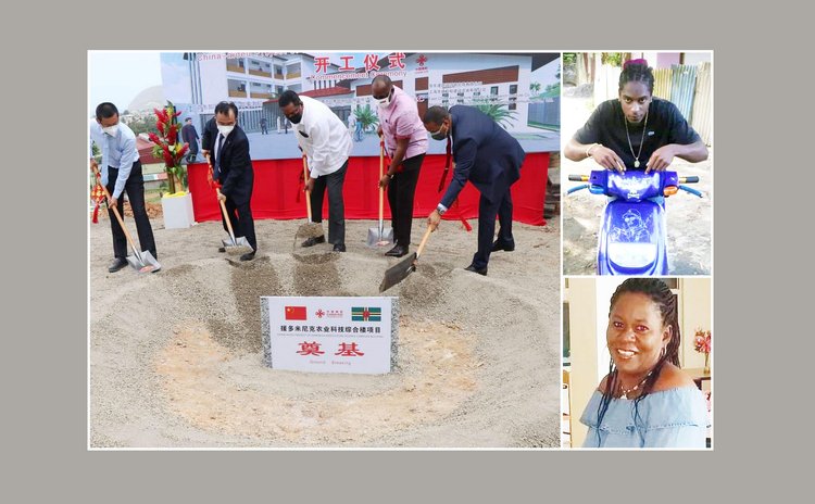 Large photo: Ground Breaking for Chinese agricultural facility;  Top right: Mordecai Mains and Nicole Humphrey