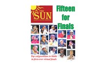 Front Cover of the SUN showing 15 Calypsonians in 2021 Finals