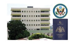 Government Headquarters, Dominican passport and US State Department logo