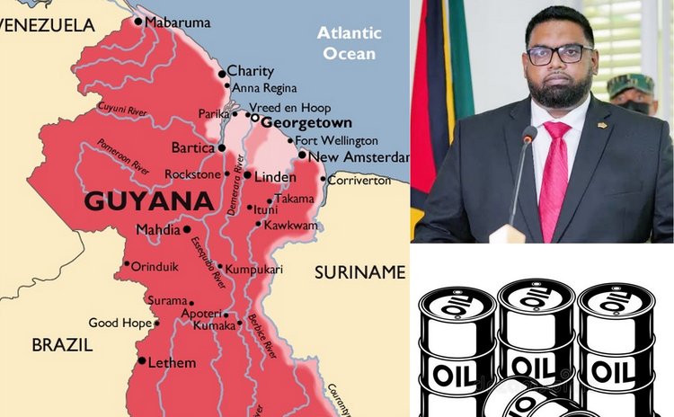 president of  Guyana, Arfaan Ali, his country's map an oil clipart