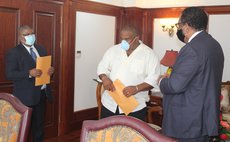 Left to right: James, Shillingford and President Savarin at the swearing in of members of the Electoral Commission