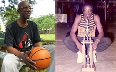 Bernard "Kiwi" Thomas in 2017, left, and "Kiwi" with one of his MVP Award trophies, pre-1984 