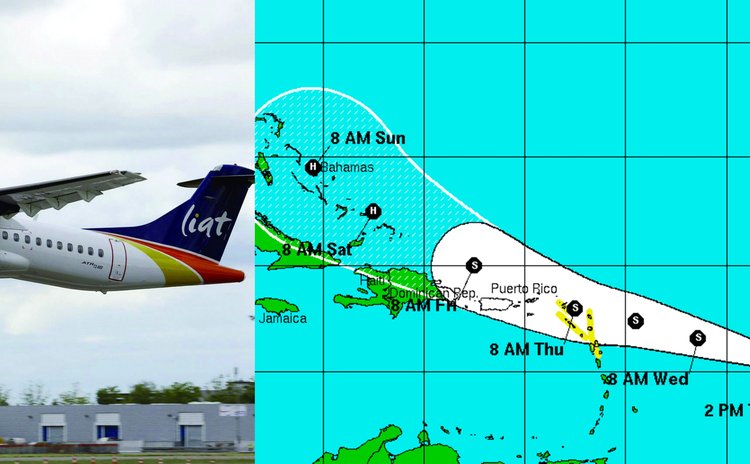 LIAT aircraft and path of Tropical Storm Erika