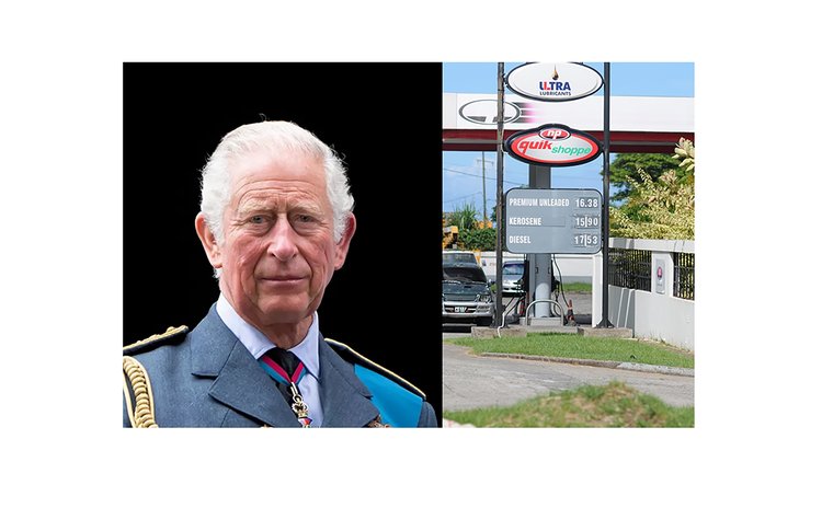 King Charles III and gas prices billboard at Canefield
