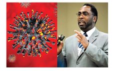 Dr. Swinburn Augustine, right, and artist impression of the Omicron virus
