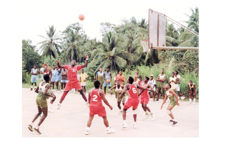 Action in Marigot/Wesley Basketball League, Circ. 1990. Photo Courtesy Jockey