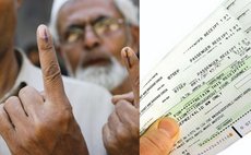Men with voting ink on fingers; airline ticket