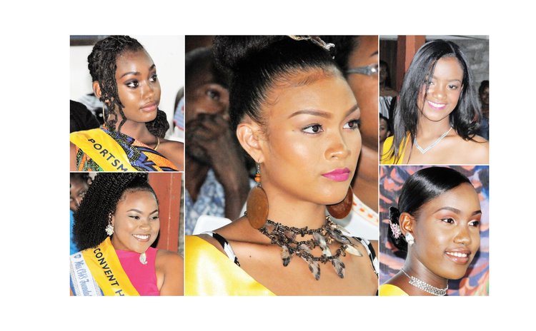 Miss Teen Dominica pageant contestants: Centre, Ellisa James; bottom left, Jorjanna Albert; top left, Nzinga Colaire; top right, Davina Graneau; bottom right, Syan Davis