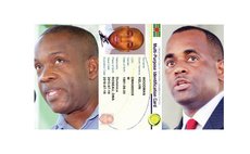 Opposition leader Lennox Linton, left, sample of national ID card  and Prime Minister Roosevelt Skerrit