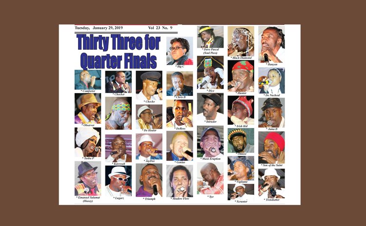 Front Page of the Sun showing 33 Calypsonians for the Quarter Finals 2019