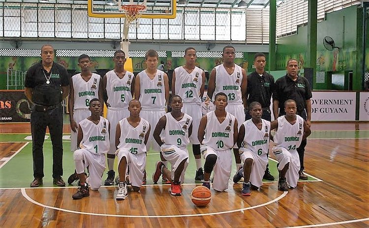 Dominica's team at CBC U16 Championships, Guyana, 2016. Sherquan               Jno. Baptiste kneeling, far right (#14).